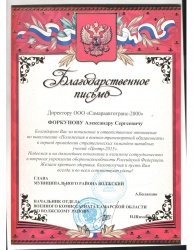 Благодарственное письмо от главы муниципального района Волжский А. Баландина
